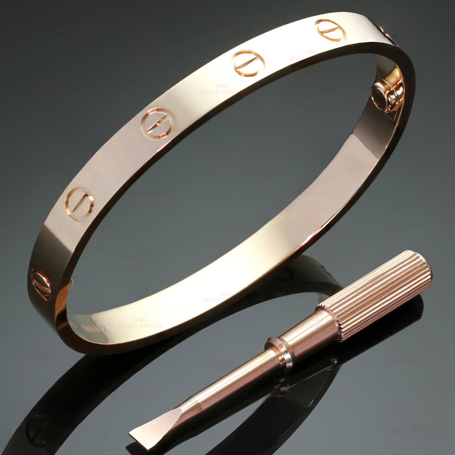 This classic Cartier bracelet from the iconic Love collection is made in 18k rose gold and completed with a screwdriver and box. This is the new style of the bangle in size 17. Made in France circa 2010. Measurements: 6.75" (17.1cm) length. 