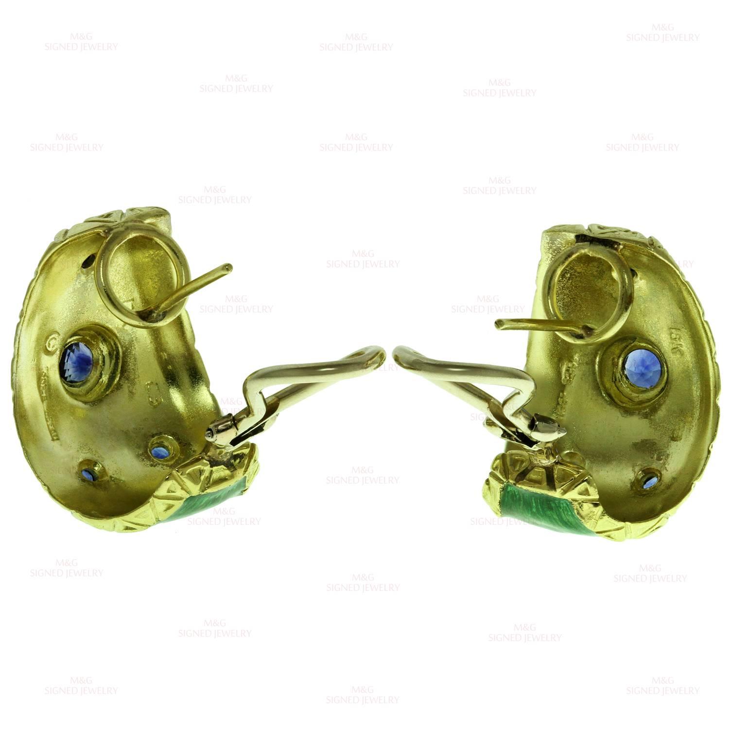 Blue Sapphire Green Enamel Yellow Gold Earrings 1