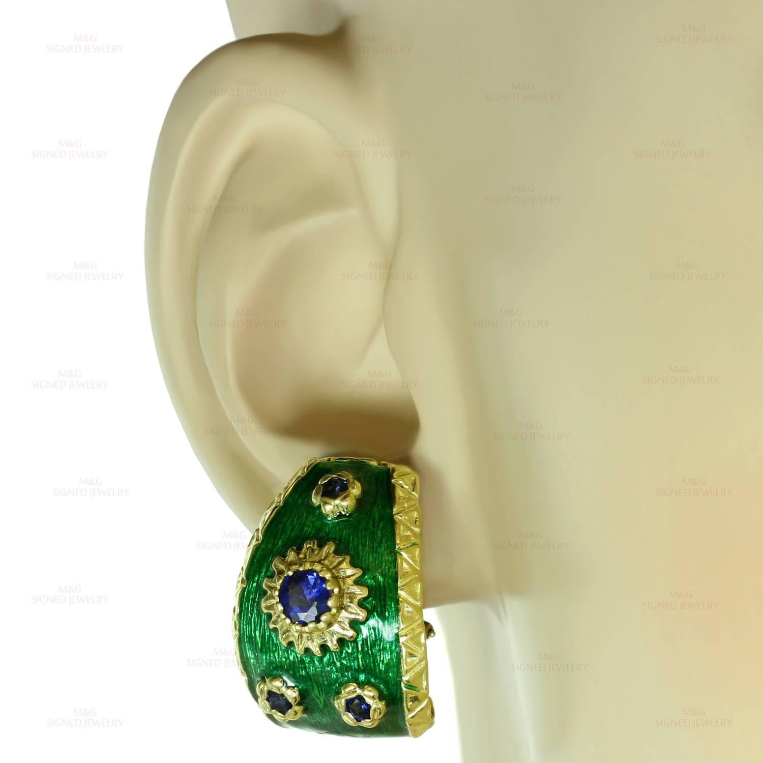 Blue Sapphire Green Enamel Yellow Gold Earrings In Excellent Condition In New York, NY