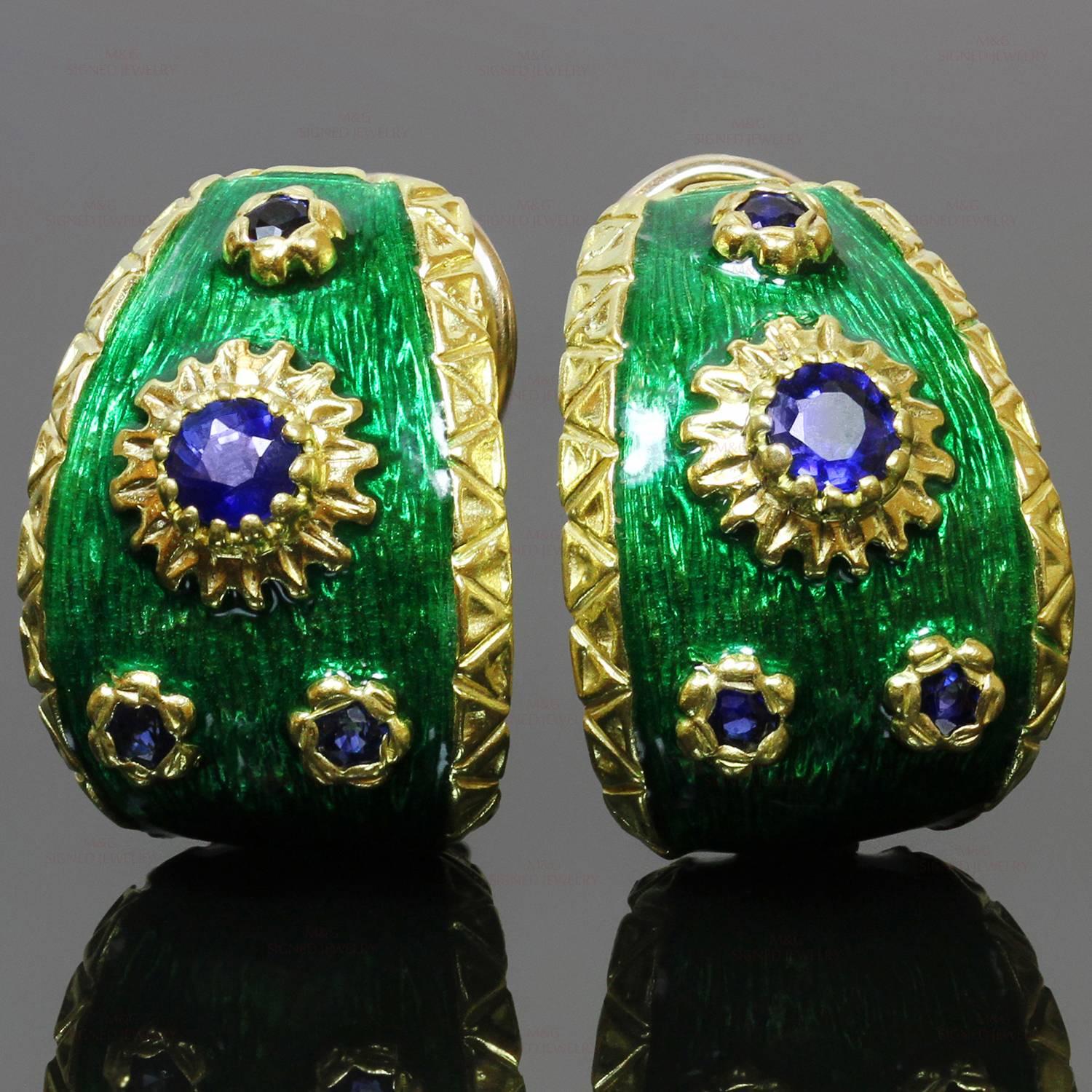 These classic lever-back earrings are crafted in 18k yellow gold and beautifully accented with green enamel and faceted round blue sapphires of an estimated 0.60 carats. Made in Italy circa 1990s. Measurements: 0.62" (16mm) width, 0.78"