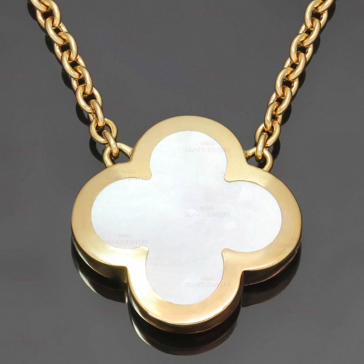 This elegant Van Cleef & Arpels pendant necklace from the pure Alhambra collection features the lucky clover design crafted in 18k yellow gold and set with white mother-of-pearl. Made in France circa 2000s. Measurements: 0.62" (16mm) width,