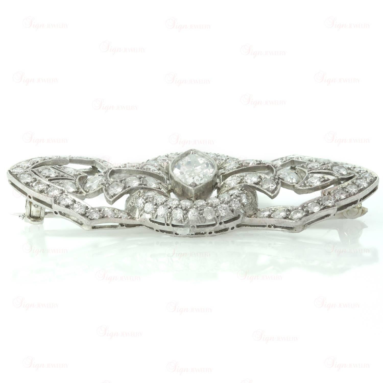 Women's Art Deco Diamond Platinum Filigree Brooch For Sale