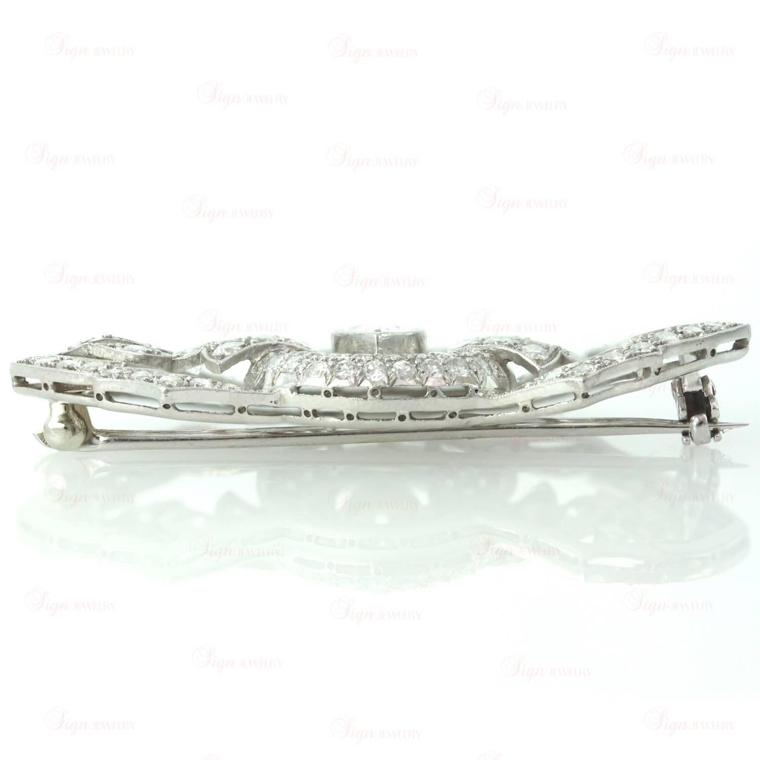 Art Deco Diamond Platinum Filigree Brooch For Sale 1