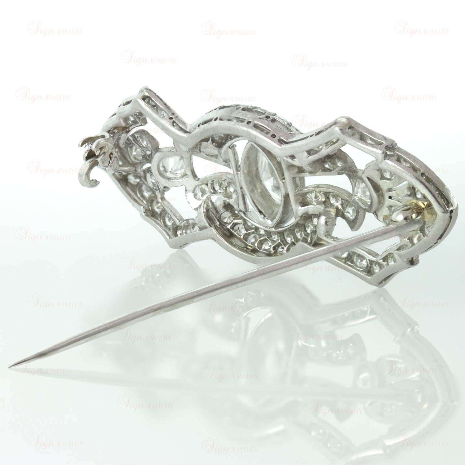 Art Deco Diamond Platinum Filigree Brooch For Sale 2