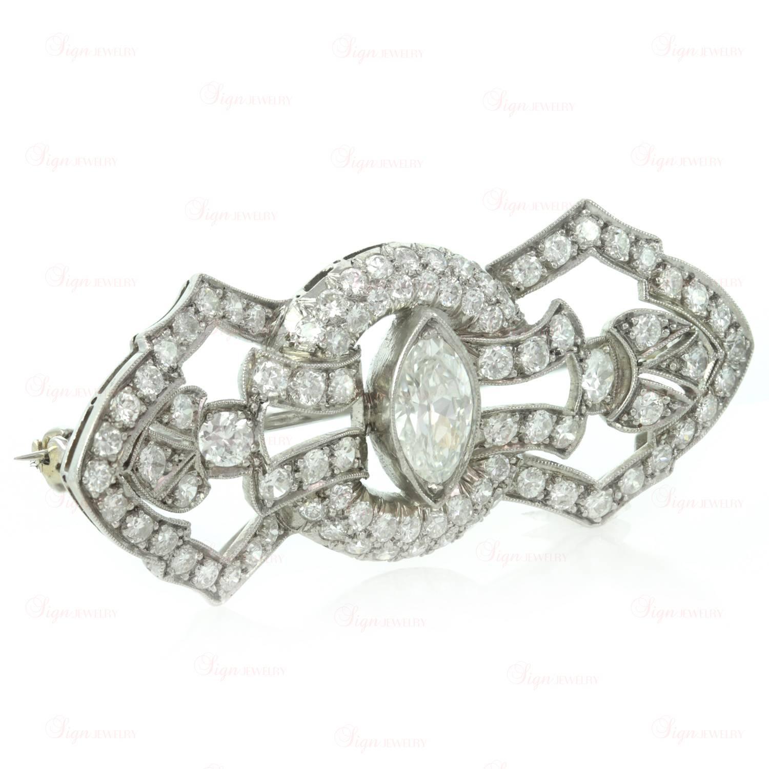Marquise Cut Art Deco Diamond Platinum Filigree Brooch For Sale