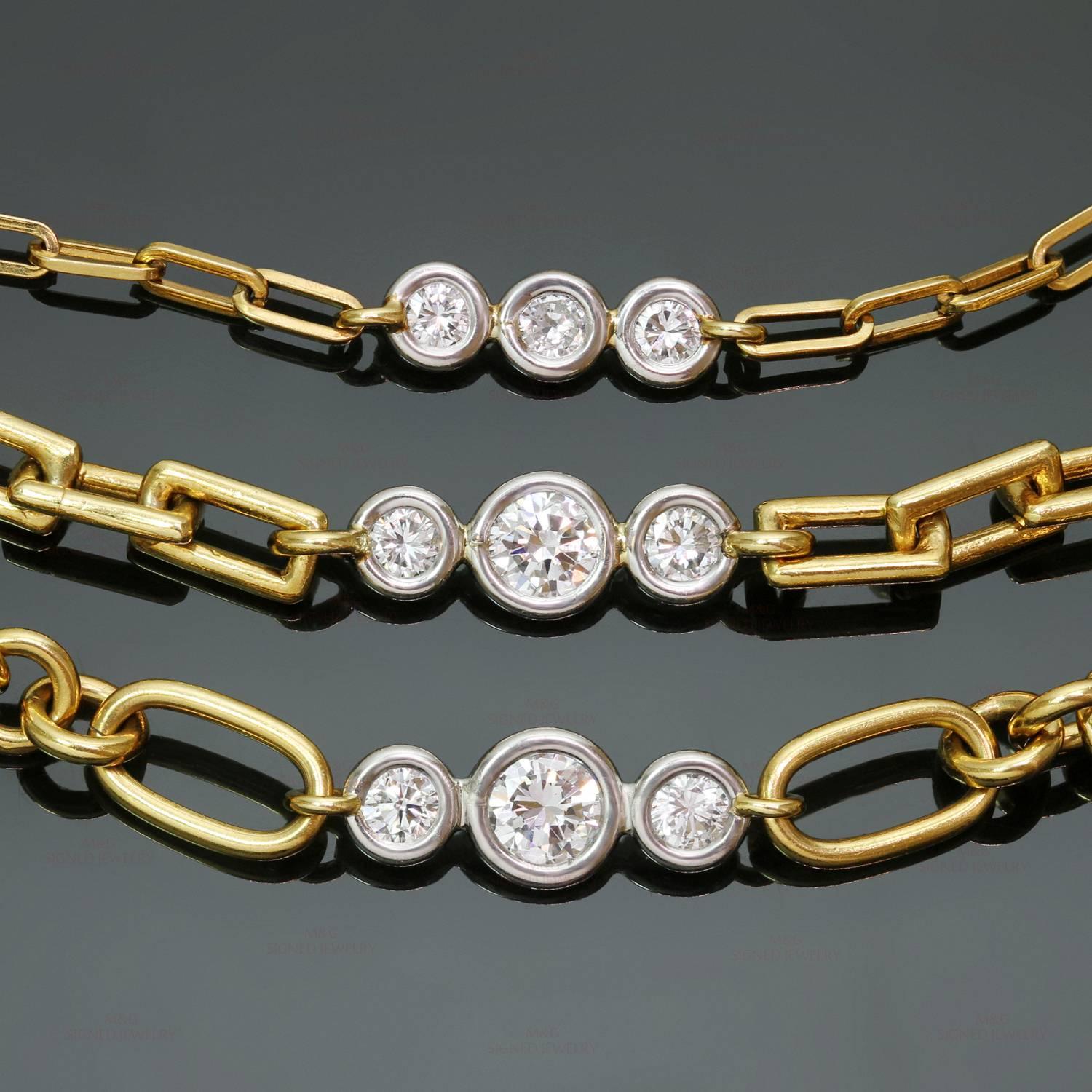 This fabulous and rare set of 3 David Webb chains features a multi-shaped link design crafted in 18k yellow gold and accented with brilliant-cut round diamonds of an estimated 6.50 carats set in platinum. Made in United States circa 1990s.