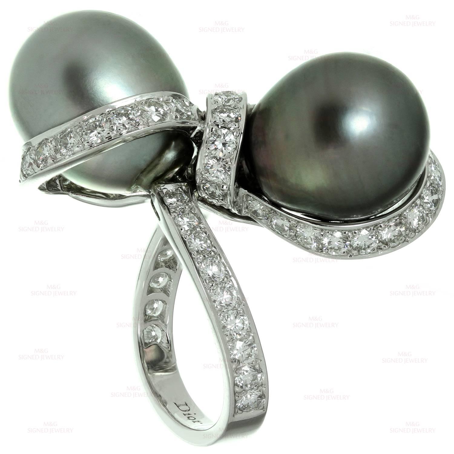 Christian Dior Tahitian Pearl Diamond White Gold Caprice Ring In Excellent Condition In New York, NY