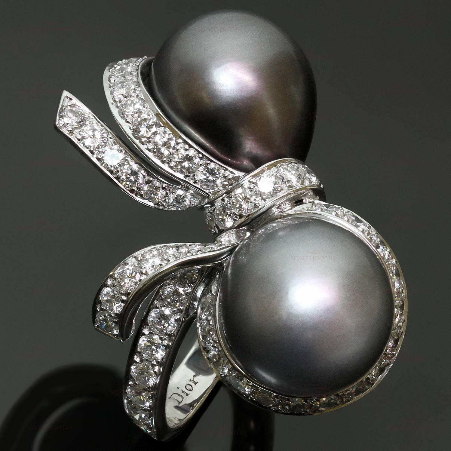 This Christian Dior ring from the Haute Joaillerie Caprice collection features a sparkling bow design crafted in 18k white gold and accented with brilliant-cut diamonds surrounded by a pair of Tahitian pearls. In a tribute to Dior couture, bows and