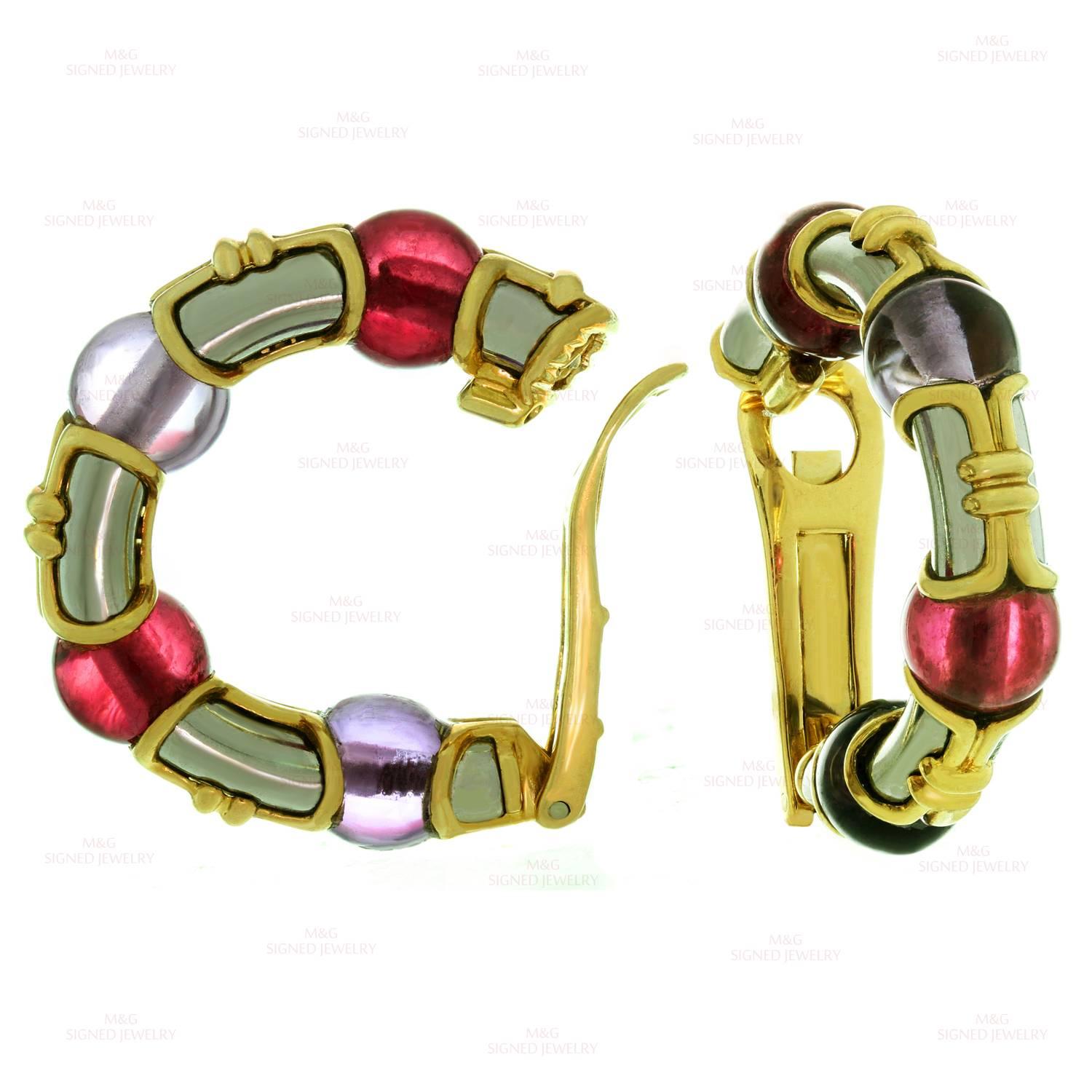 Women's Bulgari Amethyst Pink Tourmaline Two color Gold Clip-On Hoop Earrings