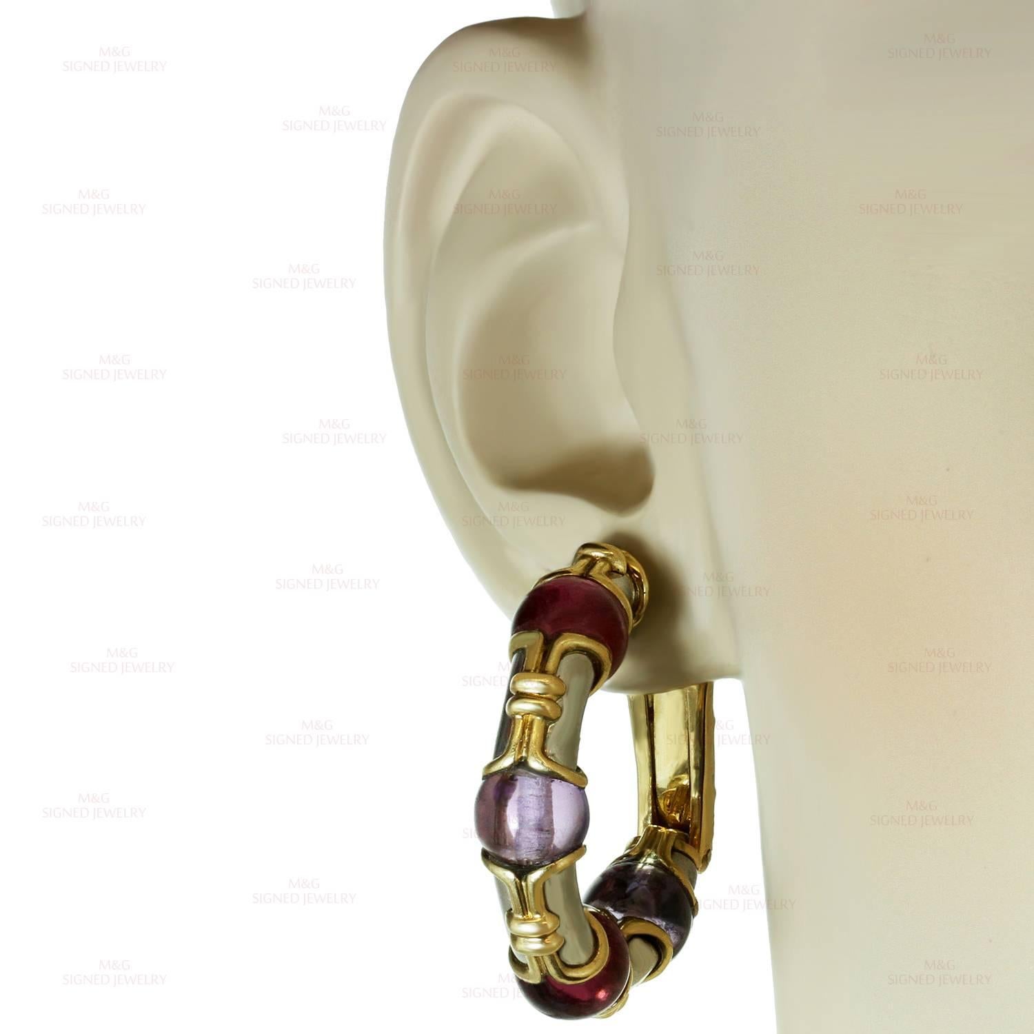 Bulgari Amethyst Pink Tourmaline Two color Gold Clip-On Hoop Earrings In Excellent Condition In New York, NY