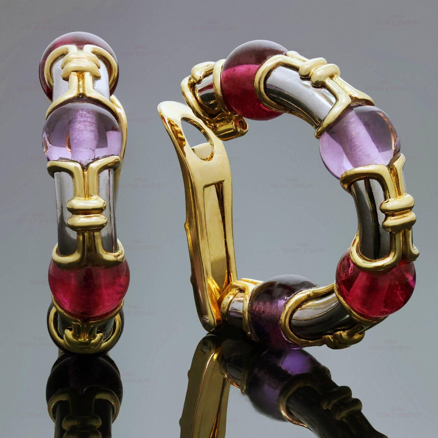 These stunning Bulgari clip-on hoop earrings are crafted in 18k yellow gold with 18k white gold accents and set with cabochon purple amethyst and pink tourmaline stones. Made in Italy circa 1989. Measurements: 0.31