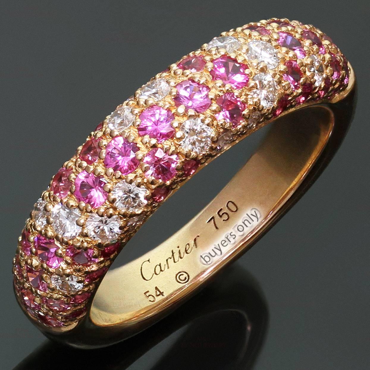 This stunning ring the Étincelle de CARTIER collection is crafted in 18k rose gold and set with sparkling brilliant-cut round diamonds and round faceted pink sapphires. Made in France circa 2000s. Measurements: 0.23" (6mm) width. The ring size