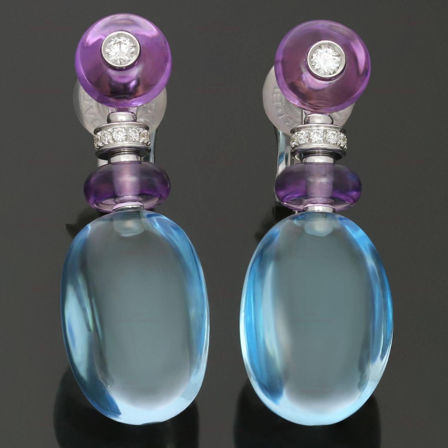 These gorgeous clip-on earrings from Bulgari's Sassi collection are crafted in 18k white gold, set with brilliant-cut round diamonds and completed cabochon amethyst rondels and cabochon blue topaz droplets. Made in Italy circa 2010s. Measurements: