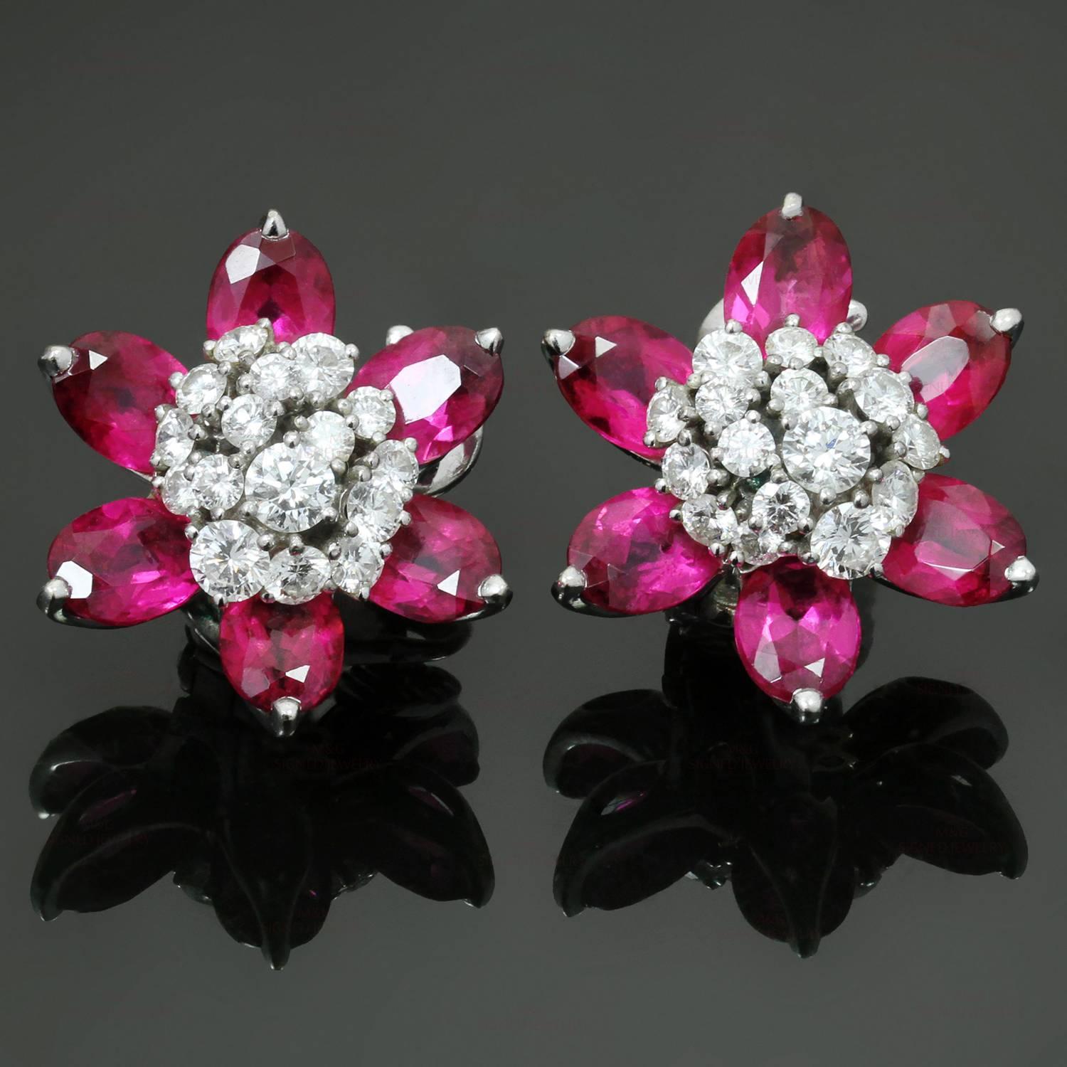 These gorgeous Van Cleef & Arpels flower-shaped earrings from the vibrant Hawaii collection are crafted in 18k white gold and set with faceted rubellites and brilliant-cut round diamonds of an estimated 1.40 carats. Made in France circa 1990s.