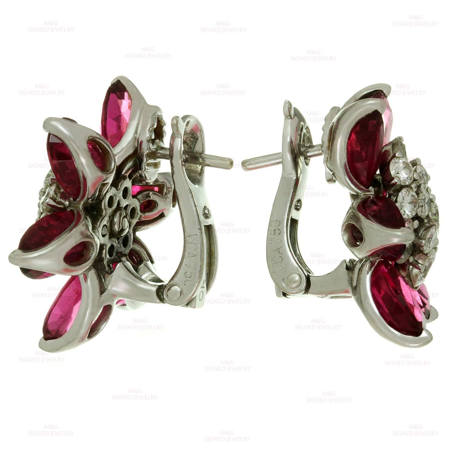 Van Cleef & Arpels Hawaii Diamond Rubellite White Gold Flower Earrings In Excellent Condition In New York, NY
