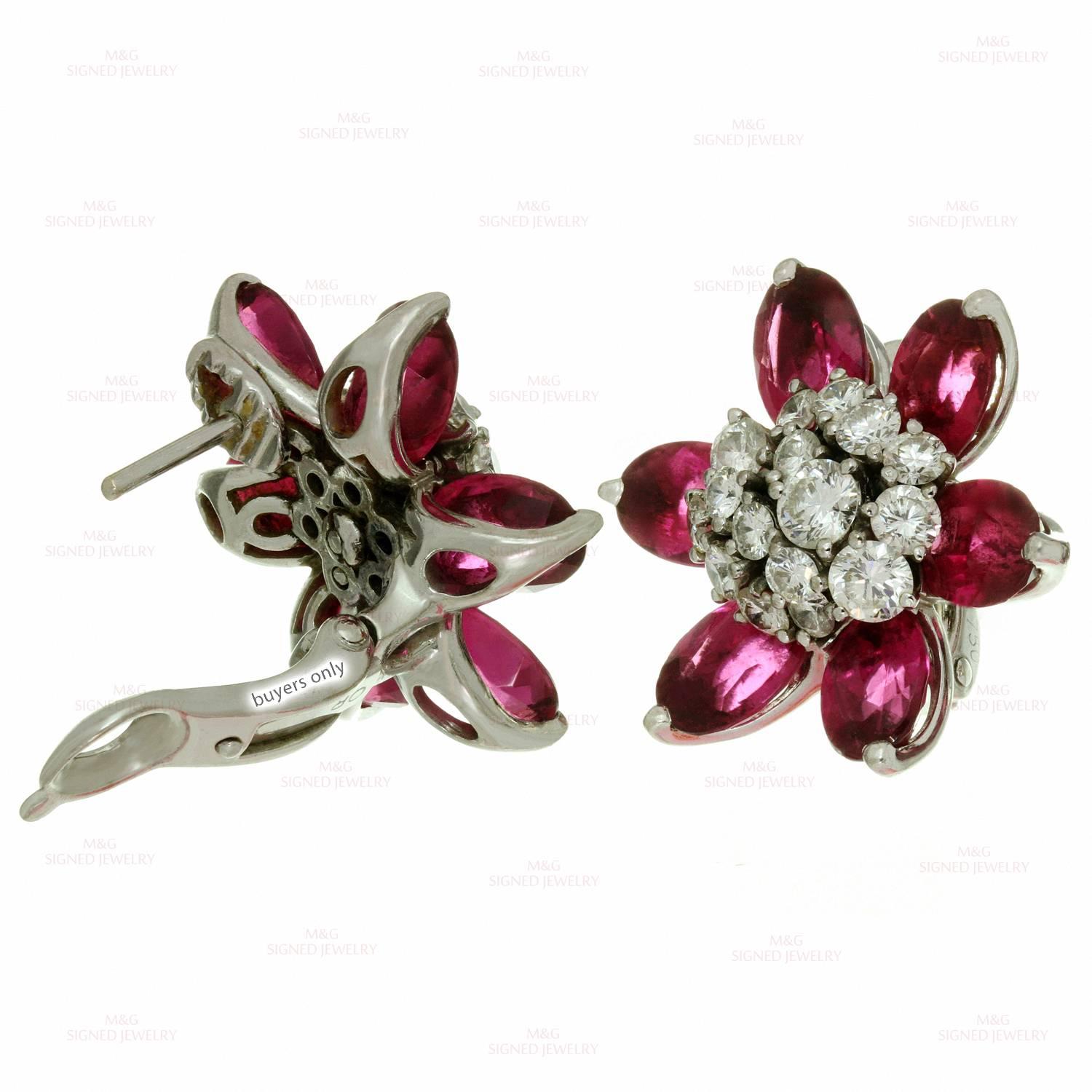 Women's Van Cleef & Arpels Hawaii Diamond Rubellite White Gold Flower Earrings