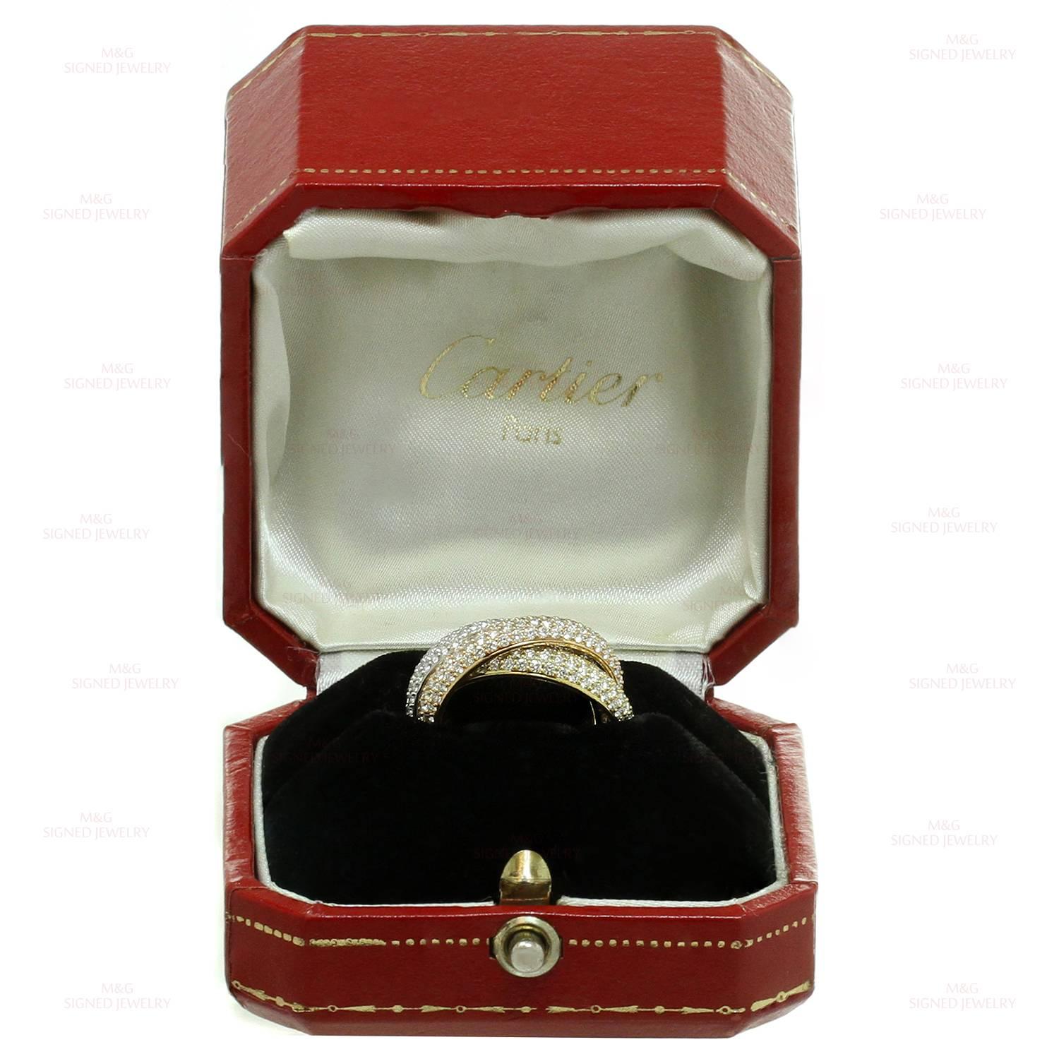 Cartier Trinity Pave Diamond Tri-Color Gold Band Ring In Excellent Condition In New York, NY