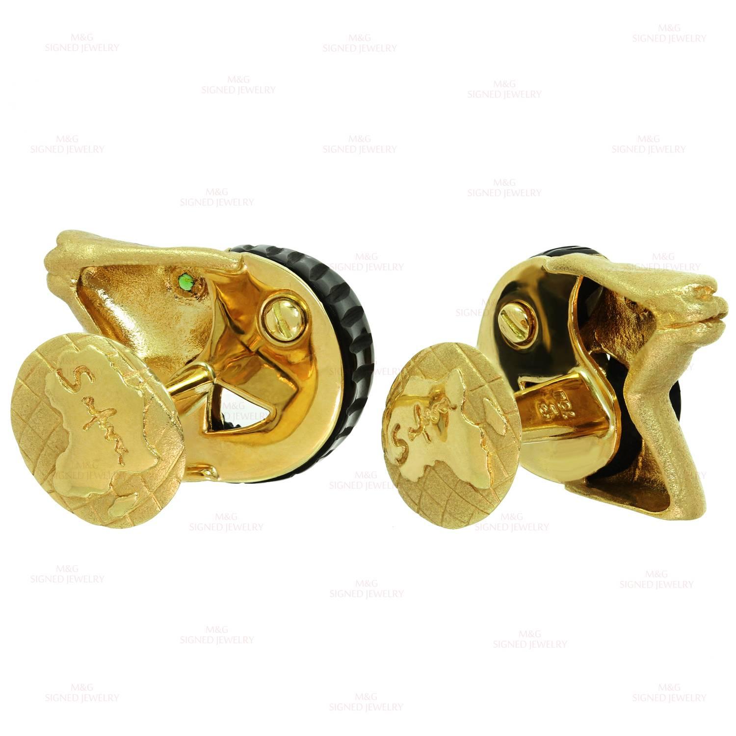 Safari Curved Onyx Emerald Yellow Gold Rams Head Cufflinks 1