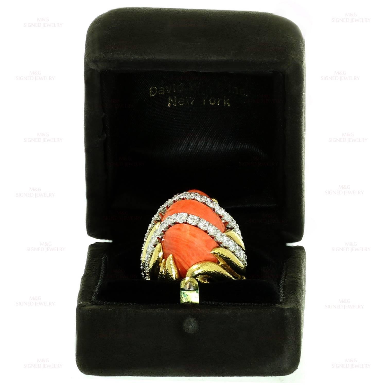 David Webb Natural Coral Diamond Yellow Gold Platinum Ring In Excellent Condition In New York, NY
