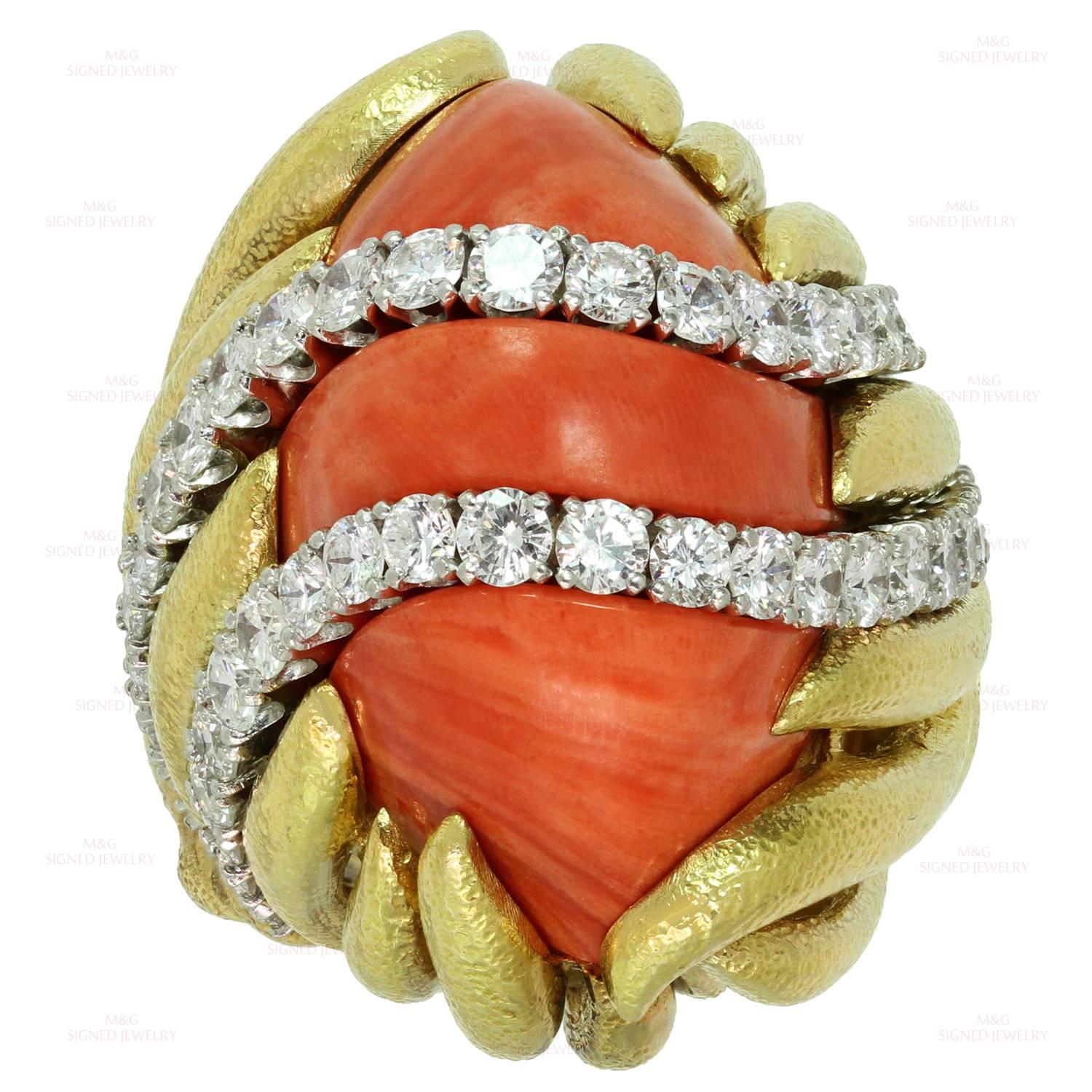 David Webb Natural Coral Diamond Yellow Gold Platinum Ring 2