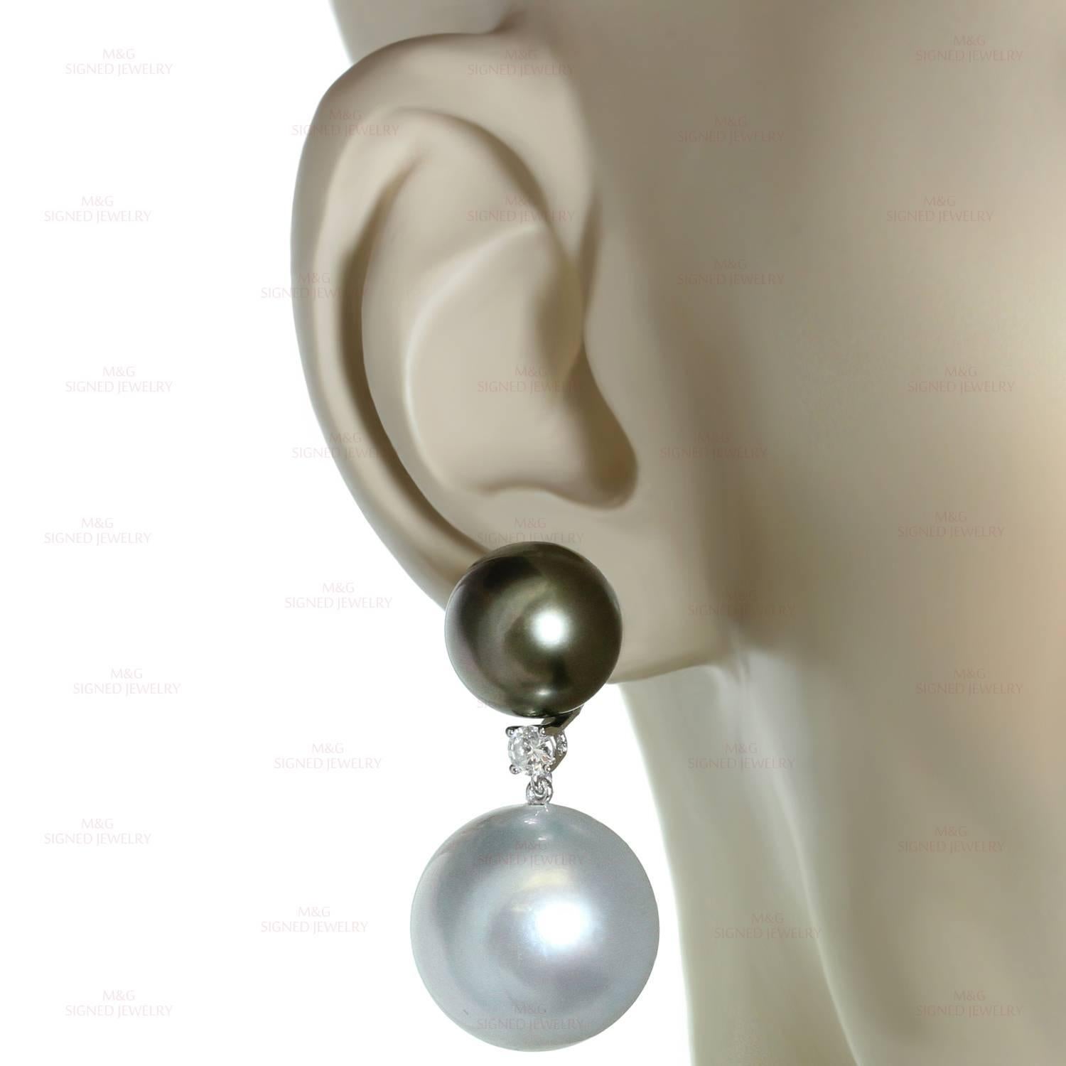 South Sea Tahitian Double Pearl Diamond White Gold Earrings In New Condition In New York, NY