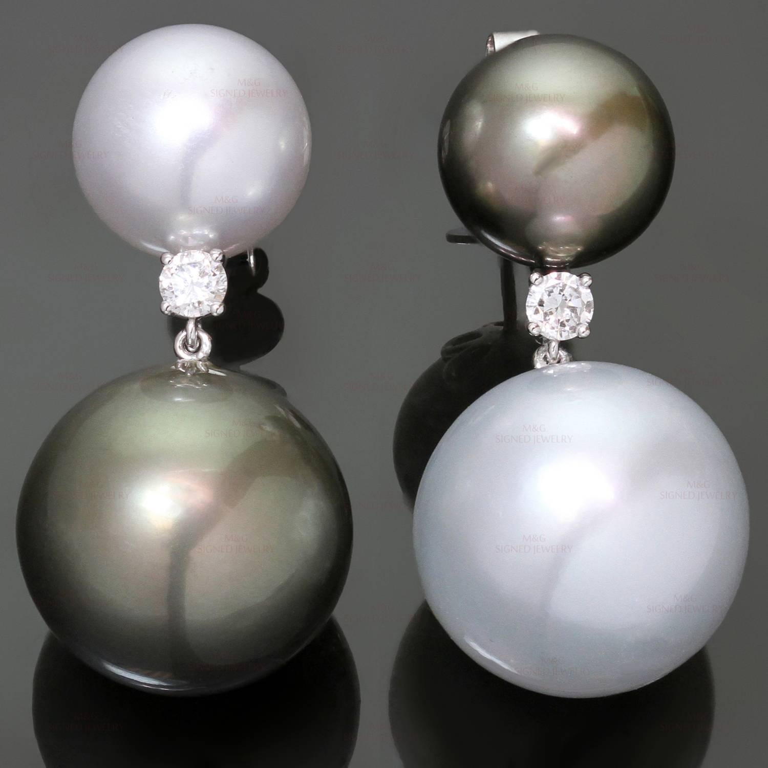 These fabulous earrings are crafted in 18k white gold and feature a pair of South Sea pearls and a pair of Tahitian pearls, measuring 12.0mm and 16.5mm, and accented with 2 round modern-cut diamonds of an estimated 0.30 carats. The pearls are very