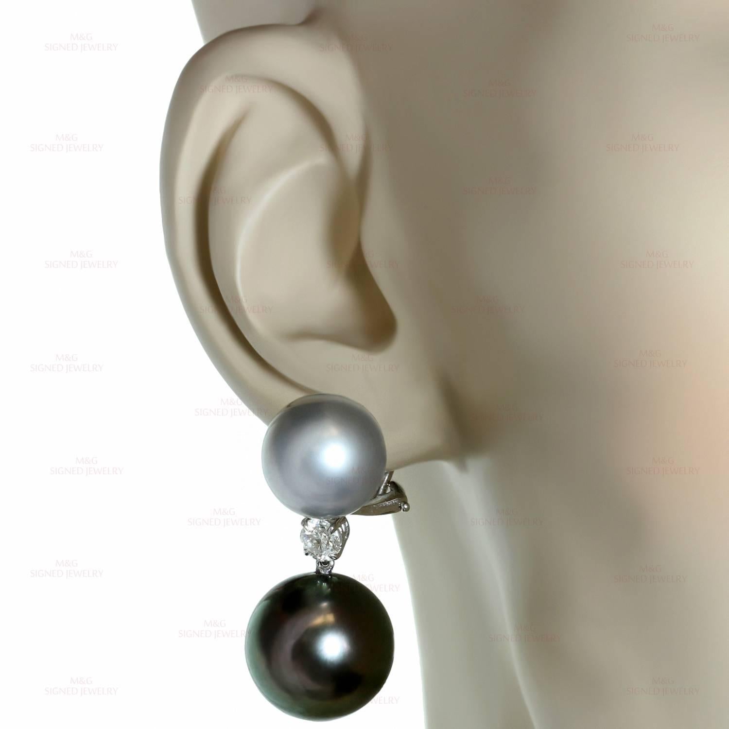 Tahitian Double Pearl Diamond White Gold Earrings In New Condition In New York, NY