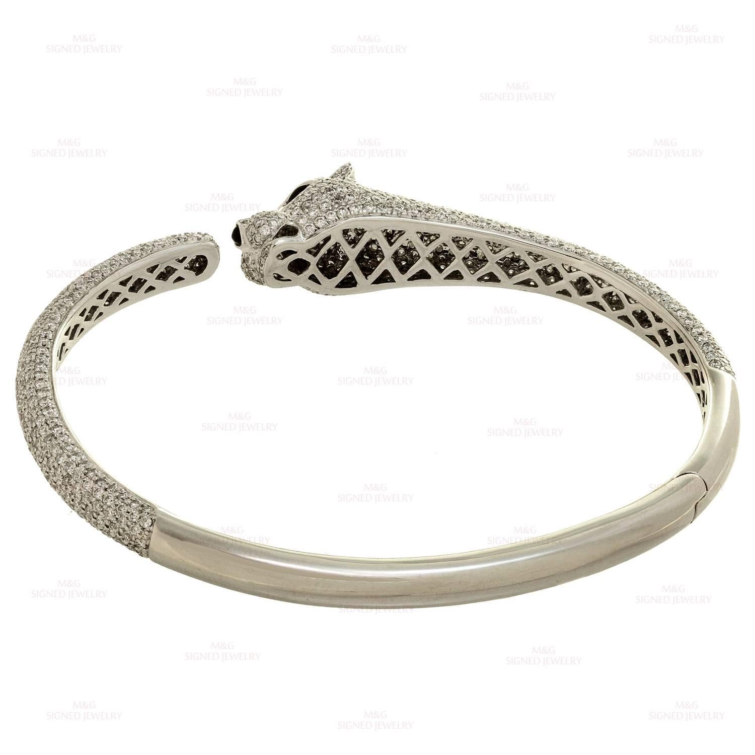 Women's Diamond Onyx White Gold Panther Bangle Bracelet