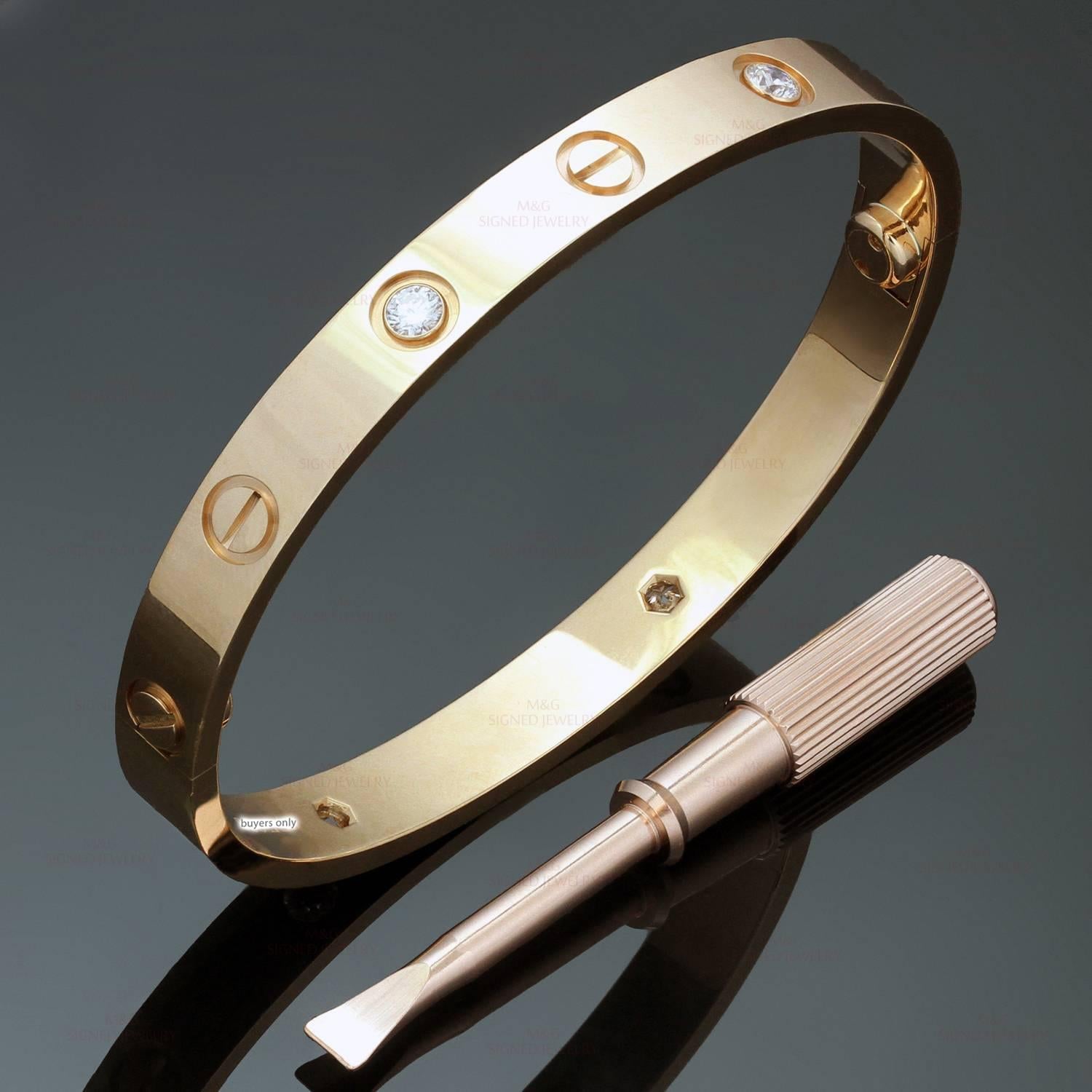 This iconic and timeless bracelet from Cartier's Love collection is crafted in 18k rose gold and set with 4 round brilliant-cut diamonds. Completed with Cartier screwdriver, box, papers. This bangle is a size 16. Made in France circa 2015. 