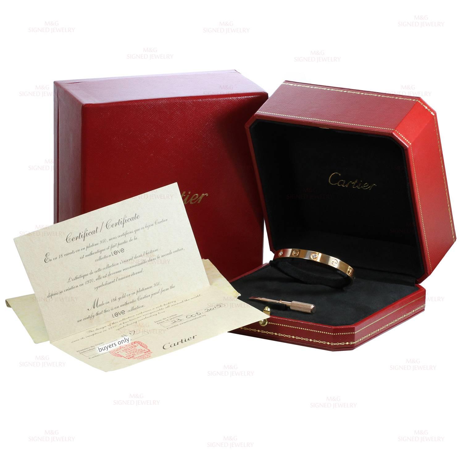 Cartier Love Four Diamond Rose Gold Bracelet, New Model Box Papers. Sz.16 In Excellent Condition In New York, NY