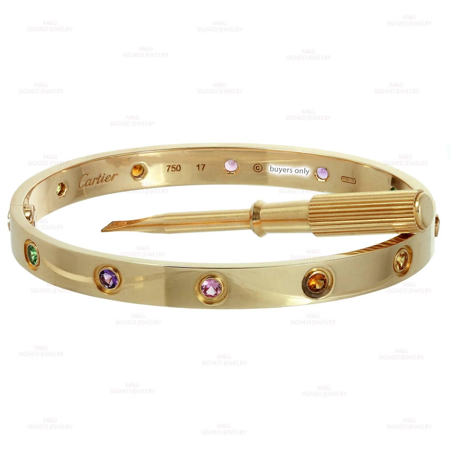 Cartier Love Ten Gemstone Gemstone Rose Gold Bracelet Sz.17 Box Papers, New Mod 1