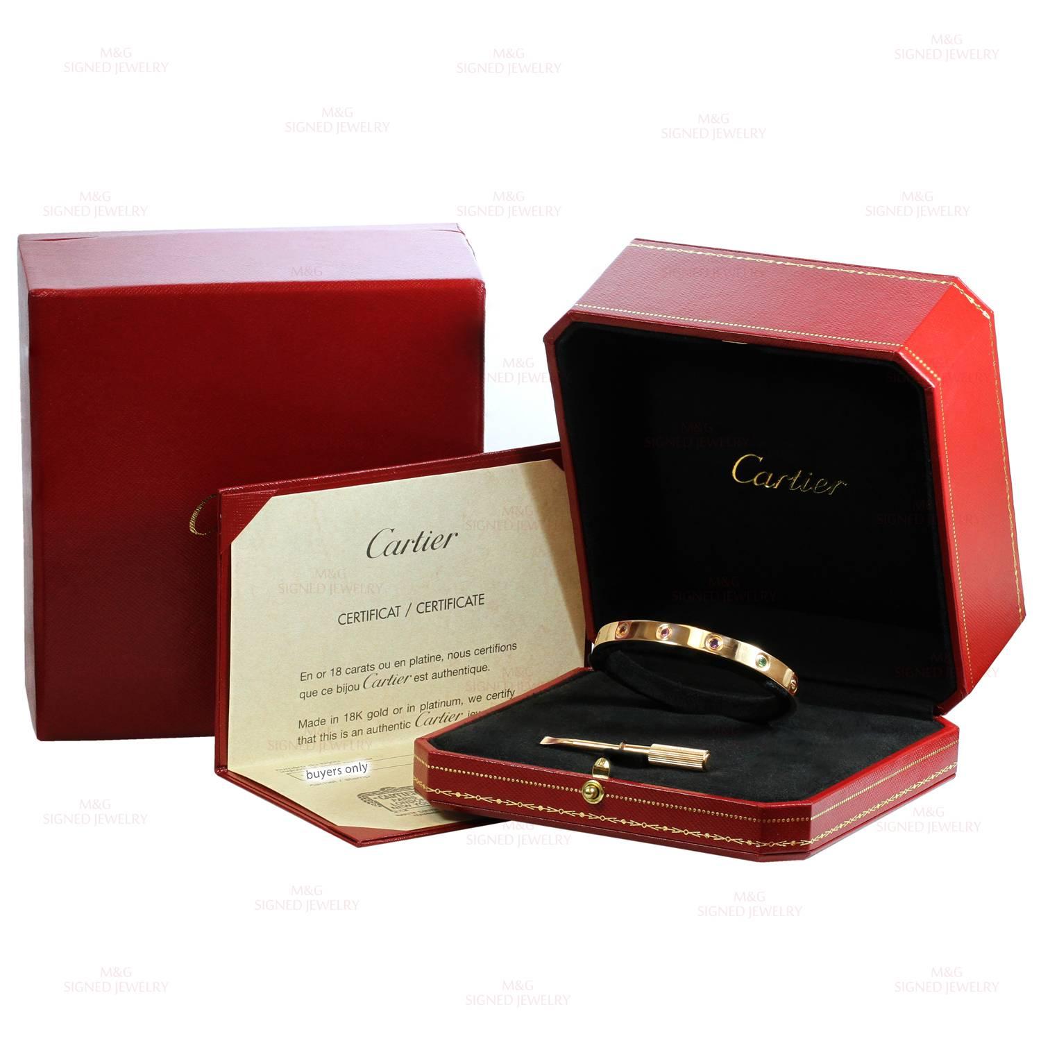 Cartier Love Ten Gemstone Gemstone Rose Gold Bracelet Sz.17 Box Papers, New Mod In Excellent Condition In New York, NY