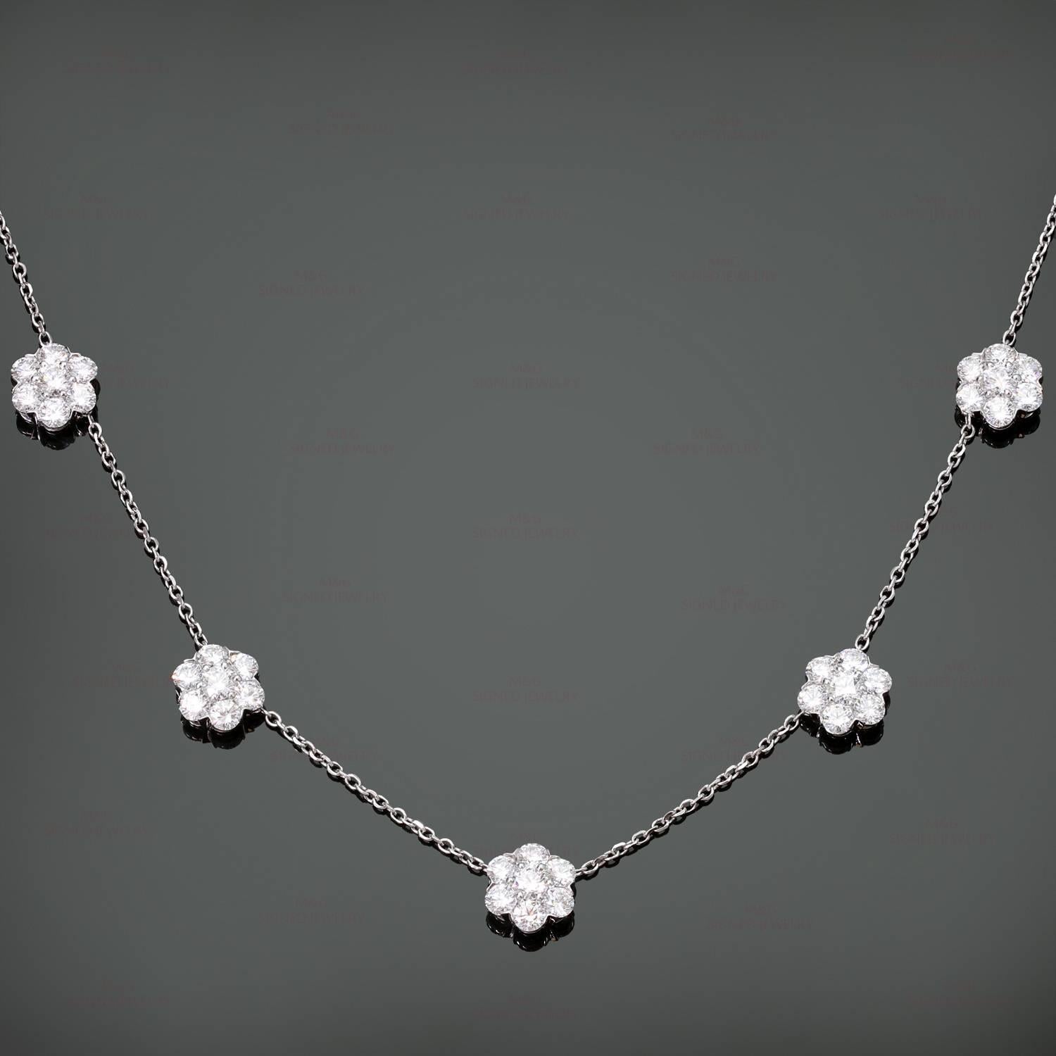 This fantastic Van Cleef & Arpels from the iconic Fleurette collection necklace is crafted in 18k white gold and features 5 sparkling rosettes, each composed of 7 brilliant-cut round diamonds of exceptional brightness and quality and weighing an