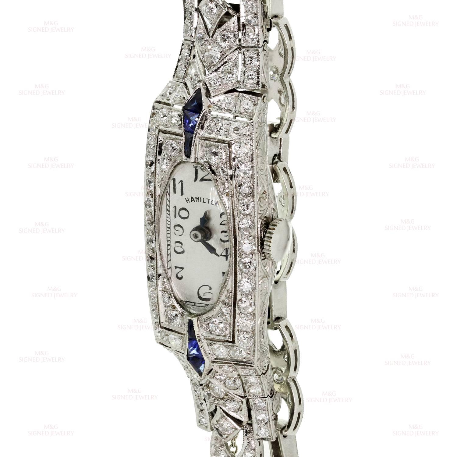 Hamilton Platinum Diamond Sapphire Manual Wind Wristwatch, circa 1930s In Good Condition In New York, NY