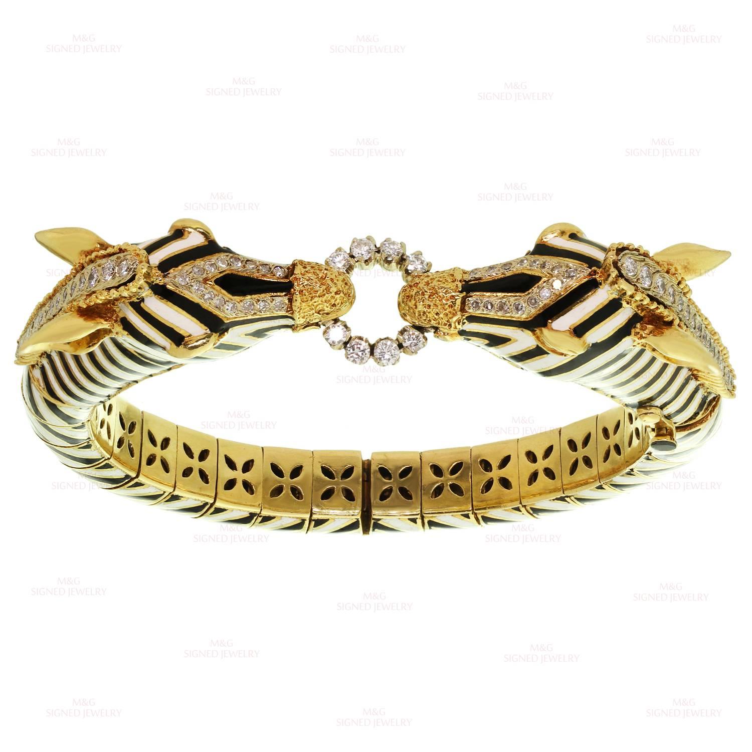 Women's Frascorolo Diamond Ruby Enamel Double Zebra Head Bangle Bracelet