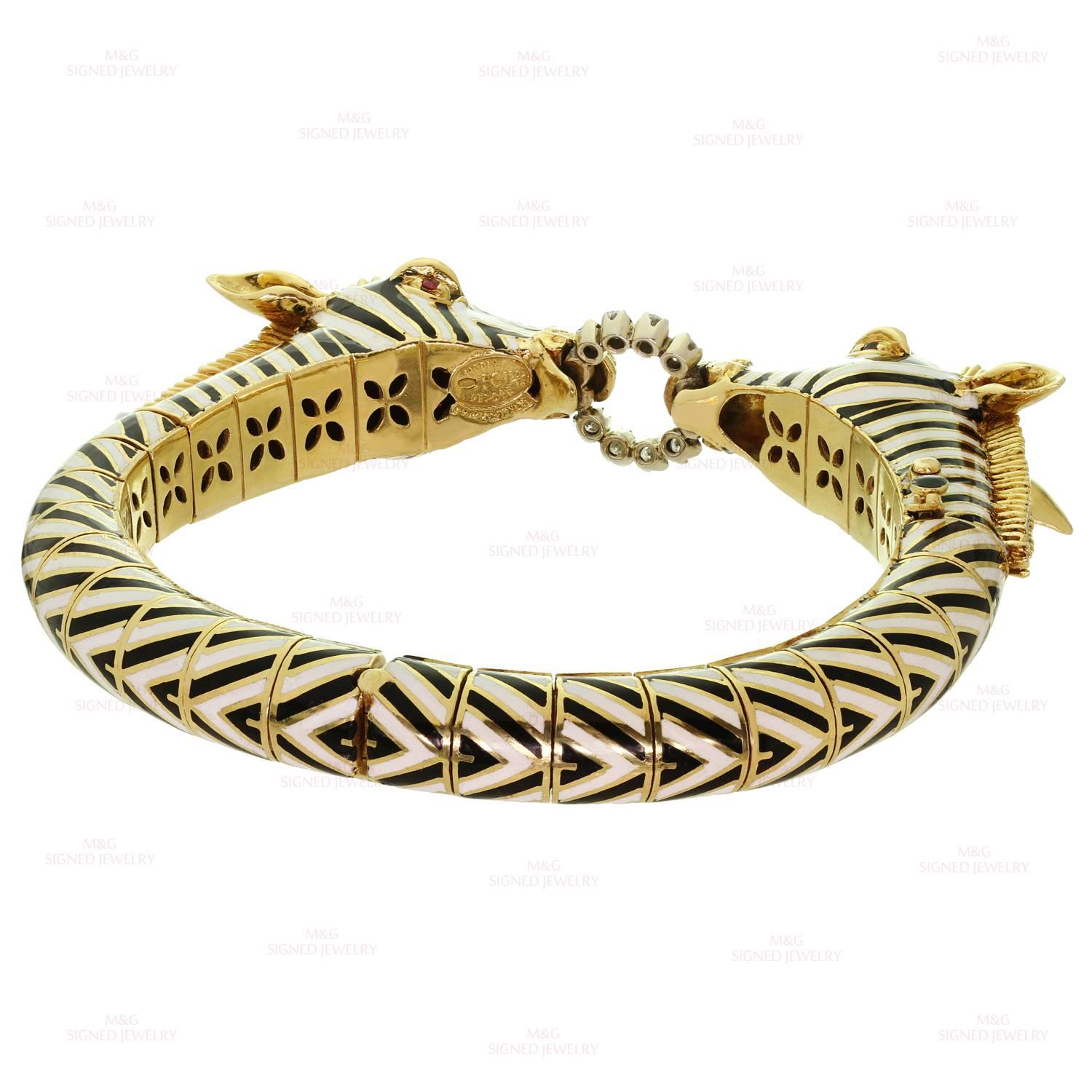 Frascorolo Diamond Ruby Enamel Double Zebra Head Bangle Bracelet In Good Condition In New York, NY