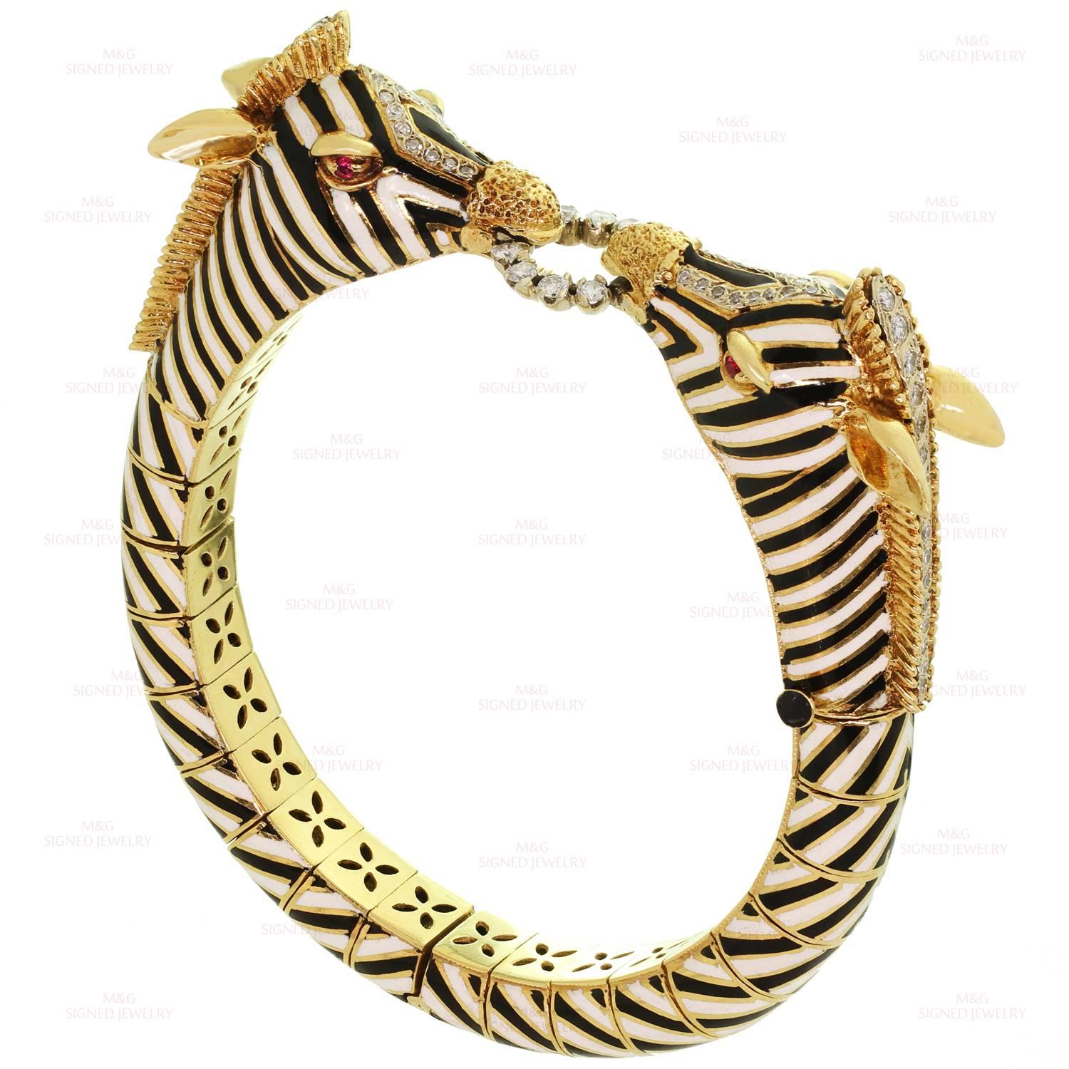 Frascorolo Diamond Ruby Enamel Double Zebra Head Bangle Bracelet 2