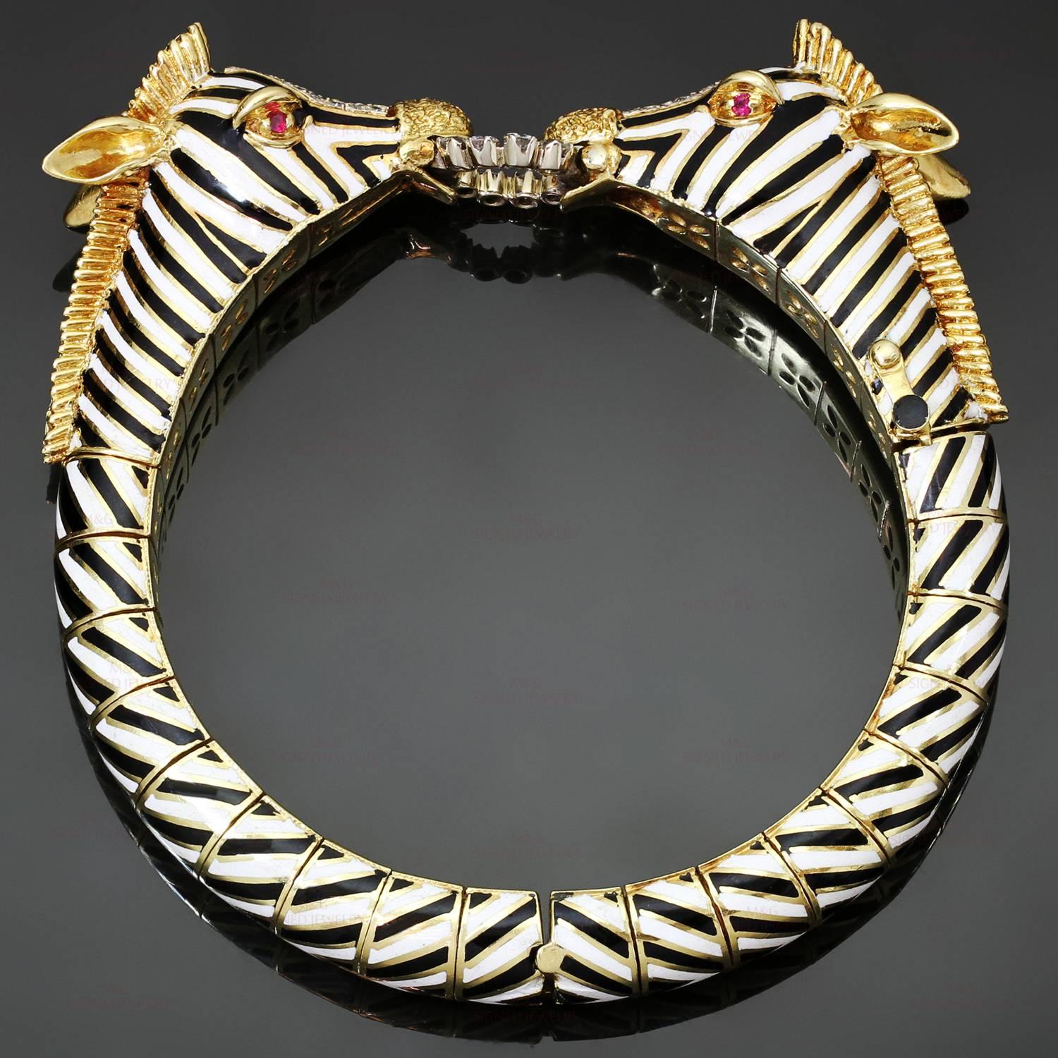 Frascorolo Diamond Ruby Enamel Double Zebra Head Bangle Bracelet 3