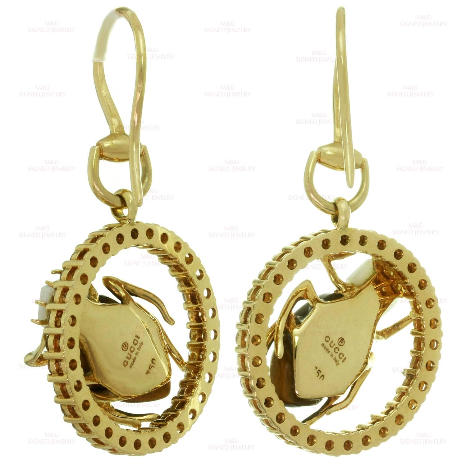 Gucci Diamond Sapphire Agate Tiger Eye Yellow Gold Scarab Beetle Earrings In Excellent Condition In New York, NY