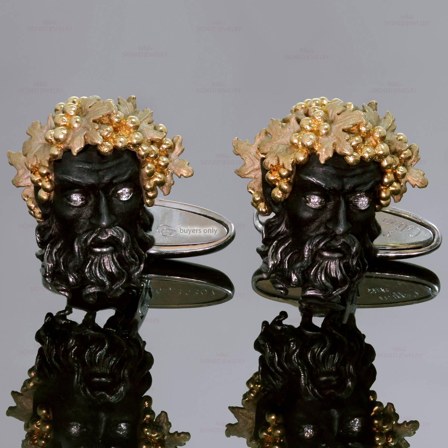 These rare and unique Carrera y Carrera cufflinks are inspired by the stunning Bacchus, the ancient Roman god of wine and fertility and hand-crafted out of yellow and blackened and blackened 18k gold with sculpted details and brilliant-cut round