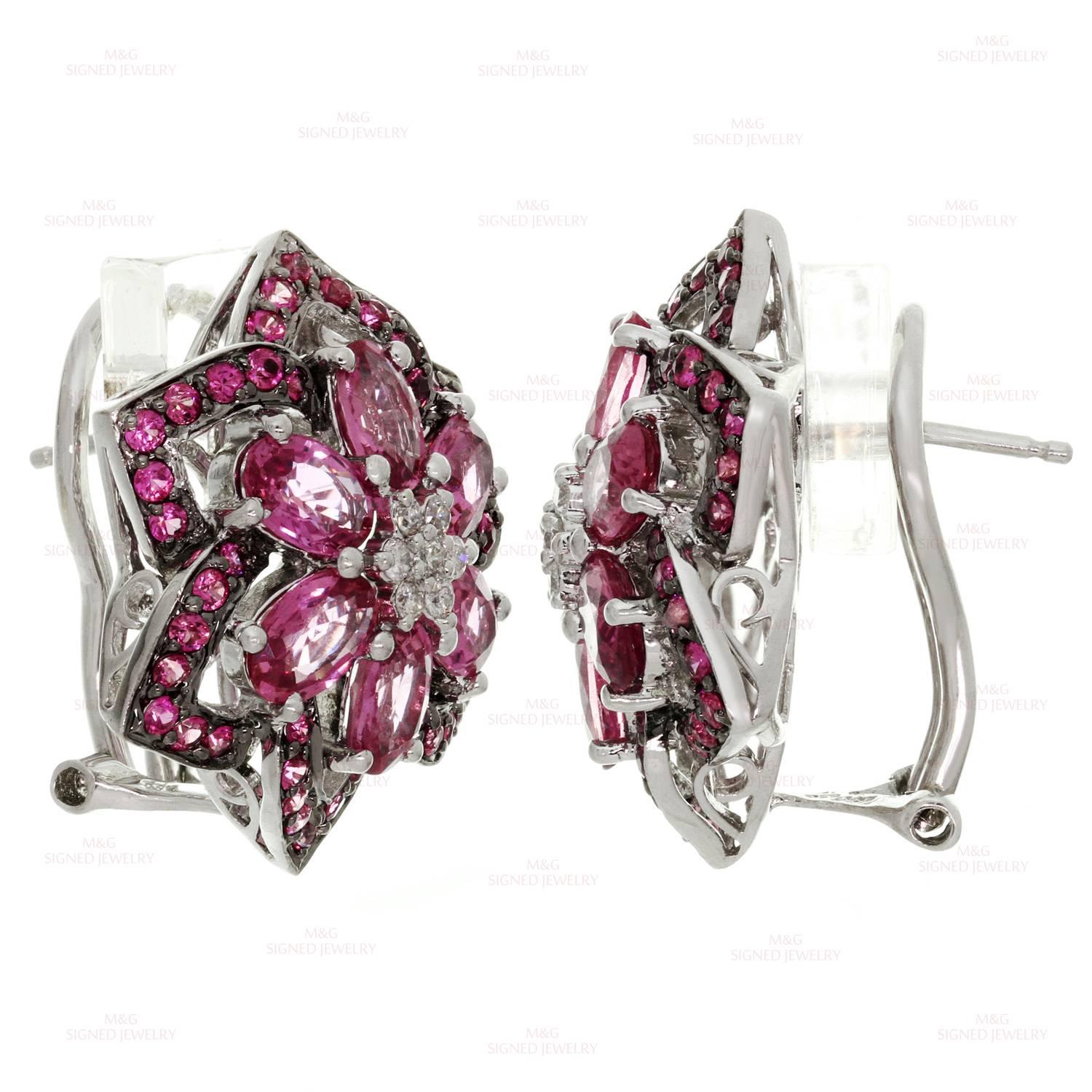 White Diamond Pink Sapphire Flower Earrings im Zustand „Neu“ in New York, NY