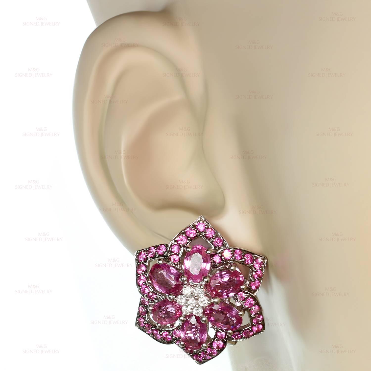 White Diamond Pink Sapphire Flower Earrings für Damen oder Herren