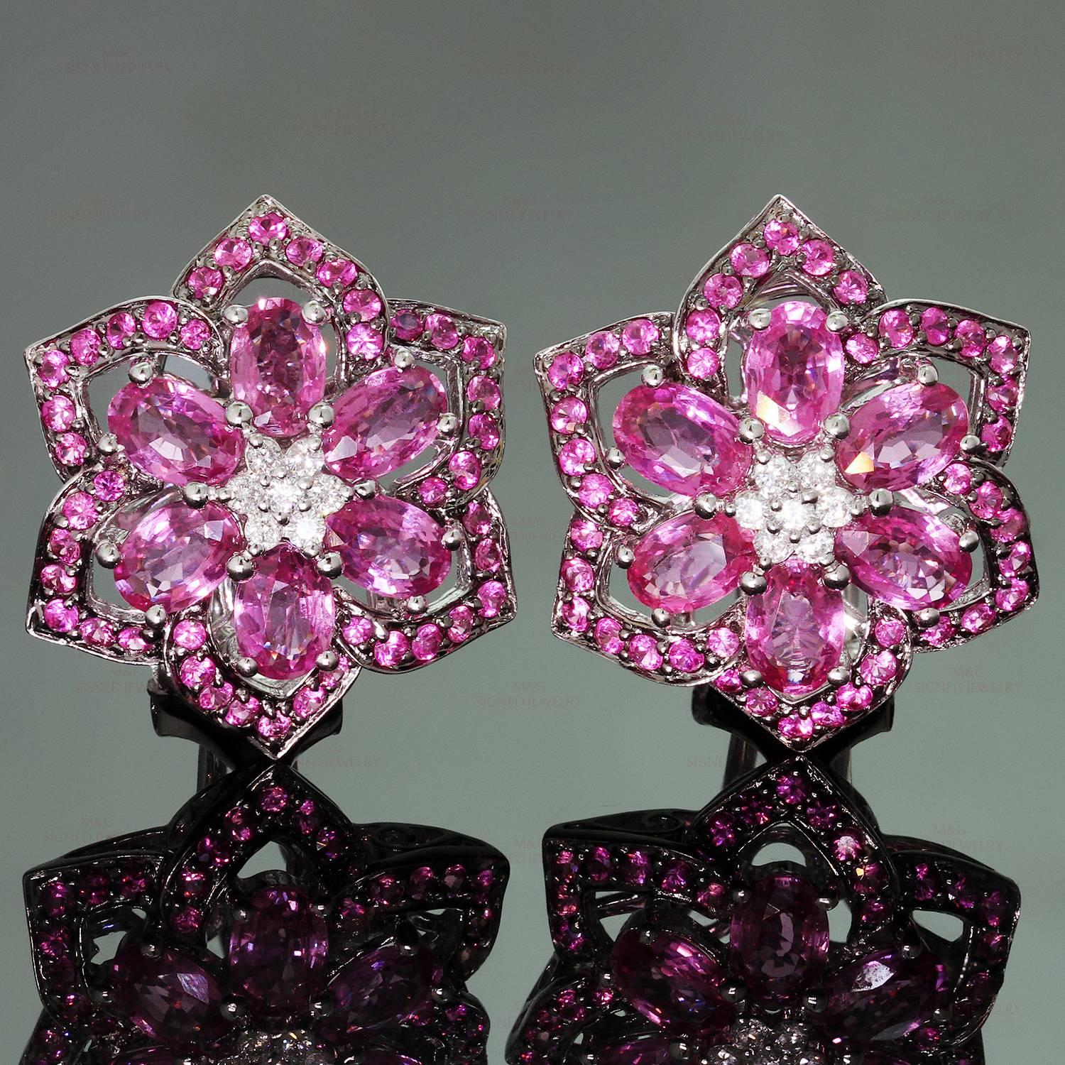 These gorgeous flower earrings are crafted in 18k white gold and set with faceted pink sapphires of an estimated 8.20 carats and brilliant-cut round diamonds of an estimated 0.30 carats. Made in United States circa 2010s. Measurements: 0.90"