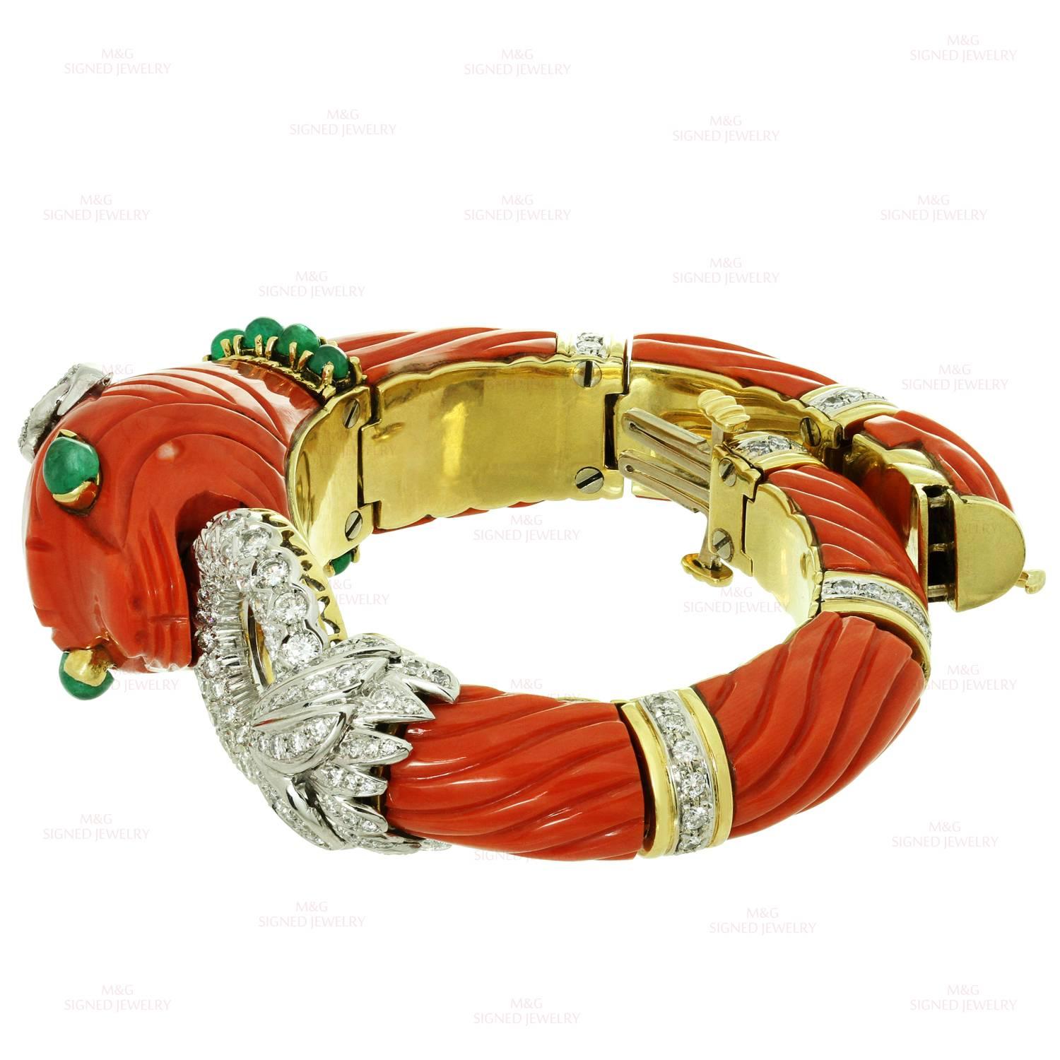 Roberto Legnazzi Natural Carved Coral Diamond Emerald Gold Chimera Bracelet In Excellent Condition In New York, NY