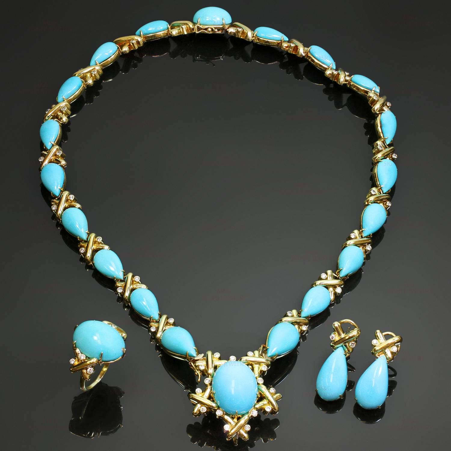 This magnificent vintage jewelry set is crafted in 18k yellow gold and set with a 61 brilliant-cut round diamonds of an estimated 3.75 carats and oval and pear-shaped turquoise stones - bright turquoise blue to slightly greenish blue, light matrix