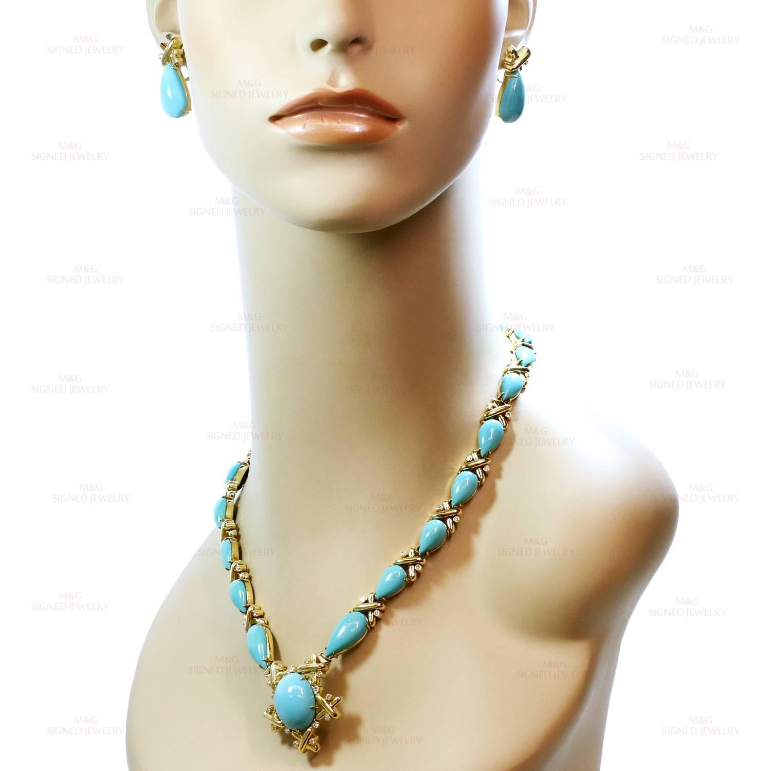Turquoise Diamond Yellow Gold Detachable Brooch Necklace Ring and Earrings Set In Good Condition In New York, NY