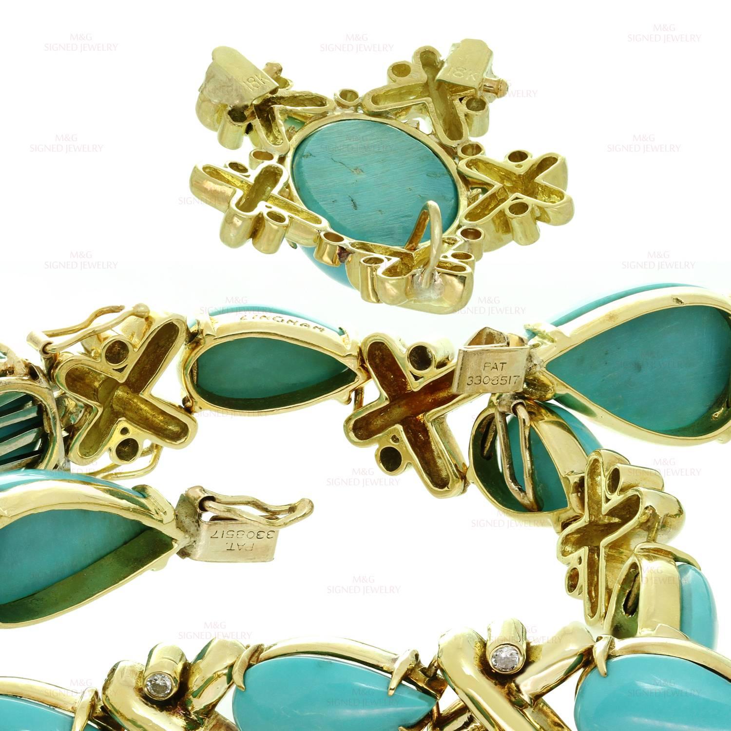 Turquoise Diamond Yellow Gold Detachable Brooch Necklace Ring and Earrings Set 3