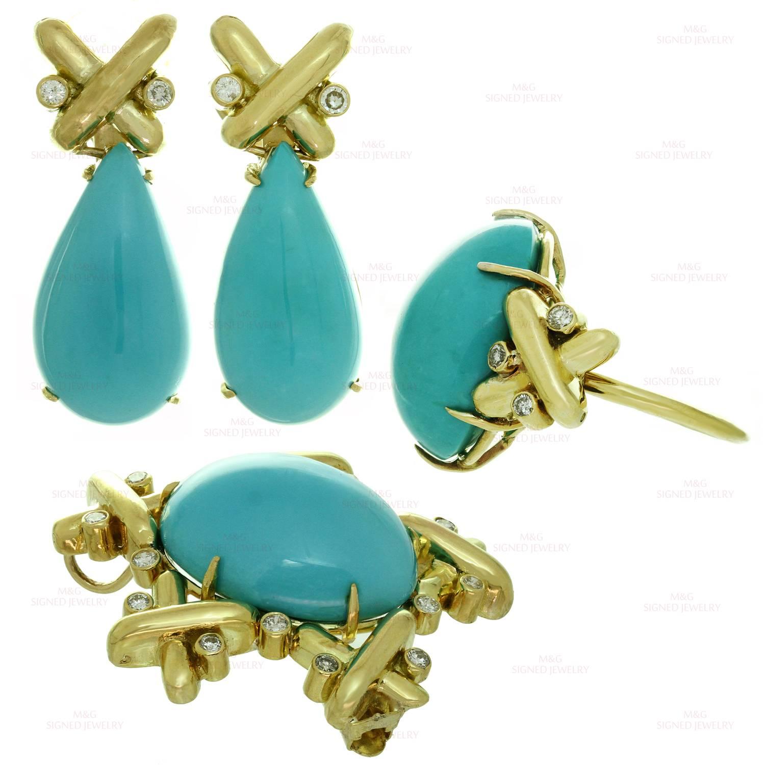Turquoise Diamond Yellow Gold Detachable Brooch Necklace Ring and Earrings Set 2