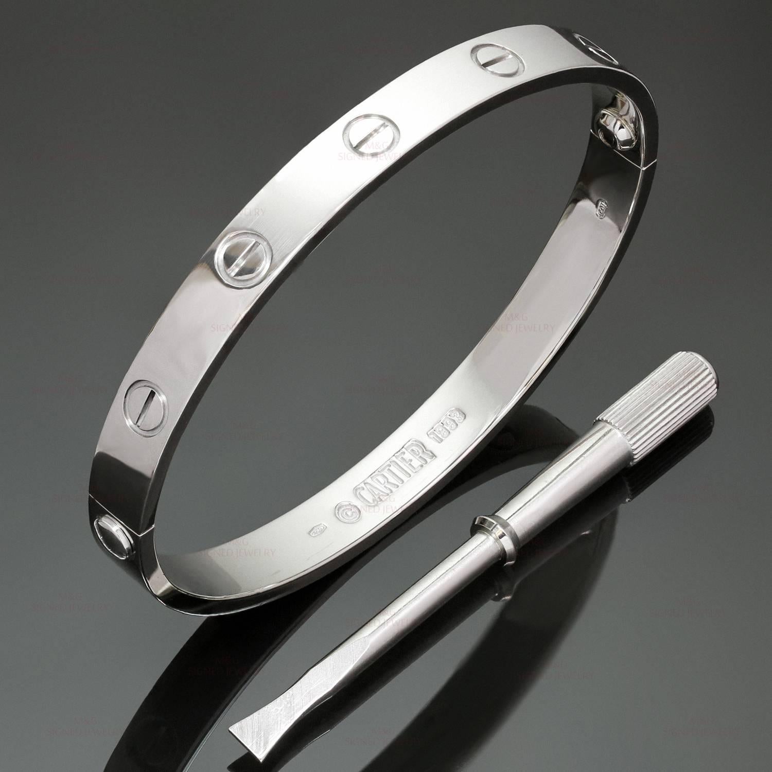 This classic Cartier bangle from the iconic Love collection is made in 18k white gold and comes with the original screwdriver. This bracelet is a size 17. Made in France circa 1993. . 