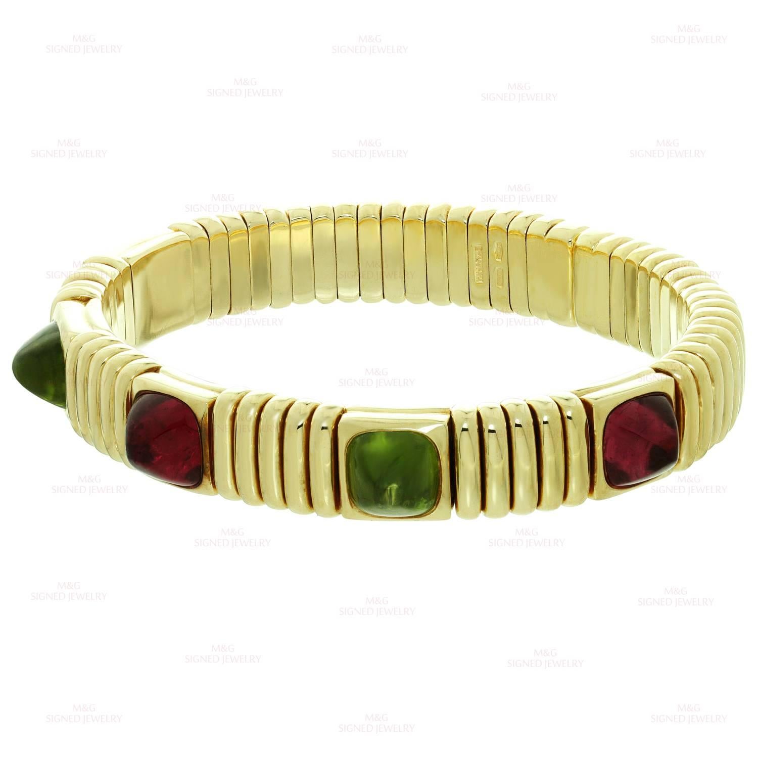 Bulgari Tubogas Sugarloaf Cabochon Peridot Rubellite Spring Cuff Bracelet In Excellent Condition In New York, NY